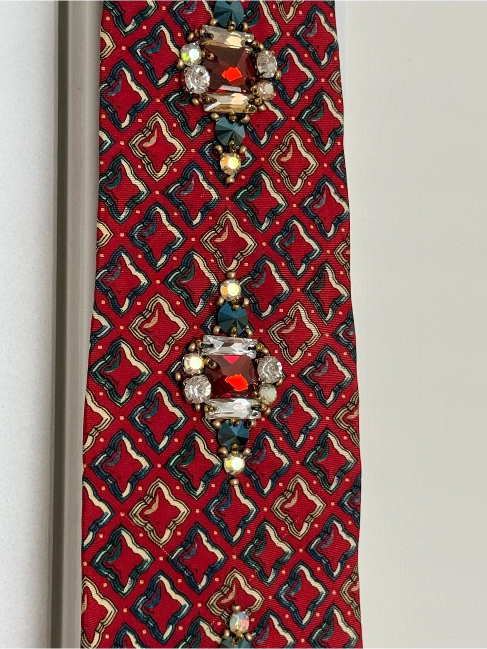 Dior Maroon Geometric Silk Tie with Swarovski Medallion Accents